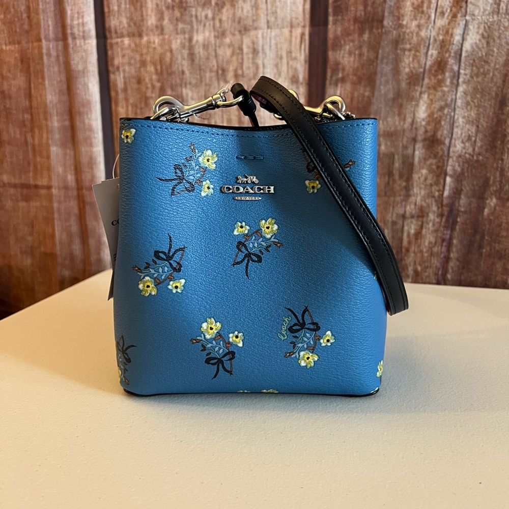 Coach Blue Floral Mini Bucket Bag with Black Strap